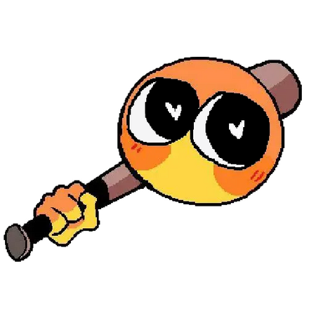 A hand-drawn emoji with heart-shaped pupils, holding a bat over where her shoulder would be.